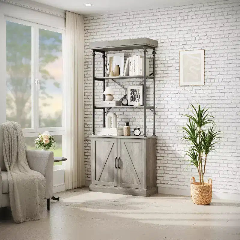 Industrial Farmhouse Bookcase with Doors - 74 Tall Wood & Metal Bookshelf with Storage Cabinet for Living Room Home Office Bedroom Library