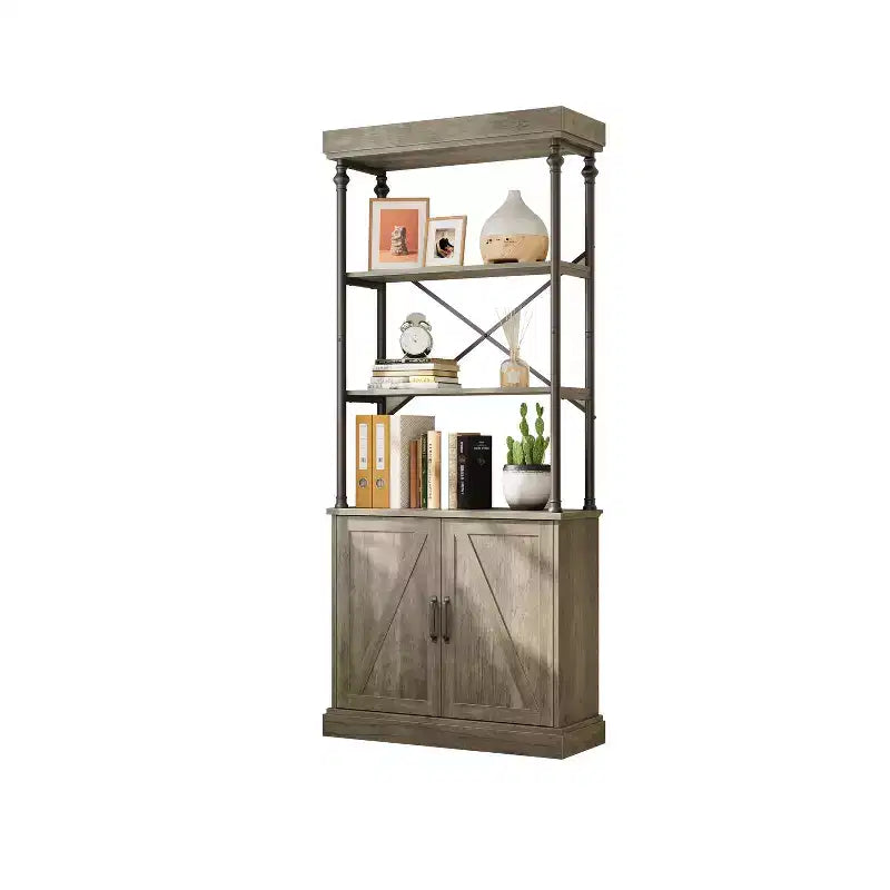 Industrial Farmhouse Bookcase with Doors - 74 Tall Wood & Metal Bookshelf with Storage Cabinet for Living Room Home Office Bedroom Library