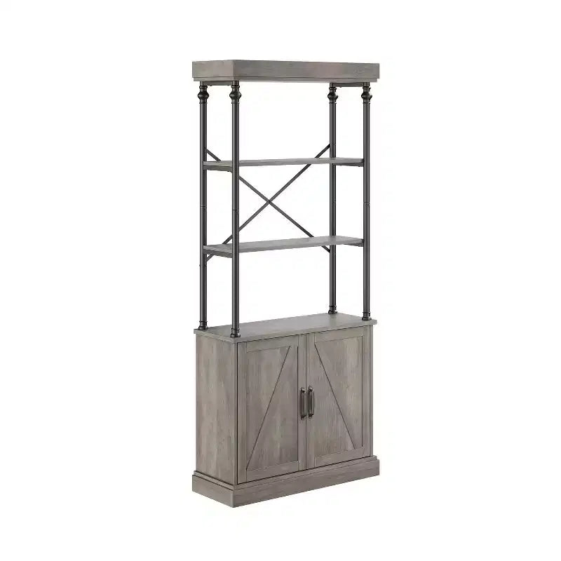 Industrial Farmhouse Bookcase with Doors - 74 Tall Wood & Metal Bookshelf with Storage Cabinet for Living Room Home Office Bedroom Library