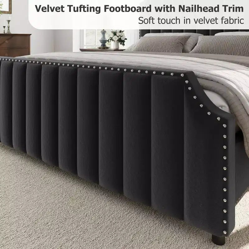 Velvet Bed Frame Vertical Channel Tufted Headboard & Footboard Wooden Slats Support No Box Spring Needed Easy Assembly