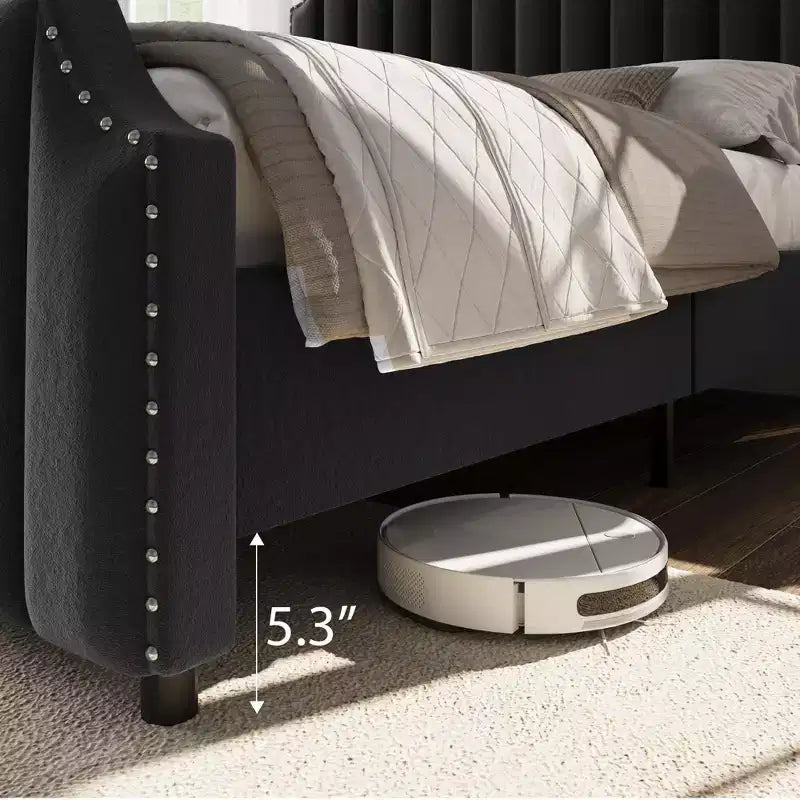 Velvet Bed Frame Vertical Channel Tufted Headboard & Footboard Wooden Slats Support No Box Spring Needed Easy Assembly