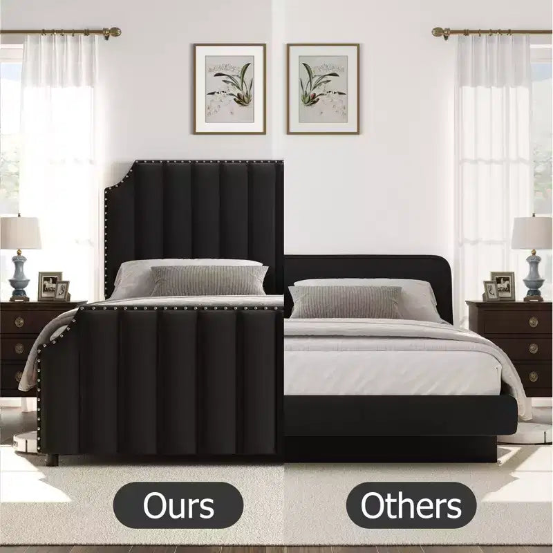 Velvet Bed Frame Vertical Channel Tufted Headboard & Footboard Wooden Slats Support No Box Spring Needed Easy Assembly