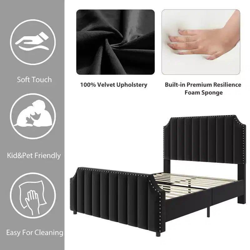 Velvet Bed Frame Vertical Channel Tufted Headboard & Footboard Wooden Slats Support No Box Spring Needed Easy Assembly