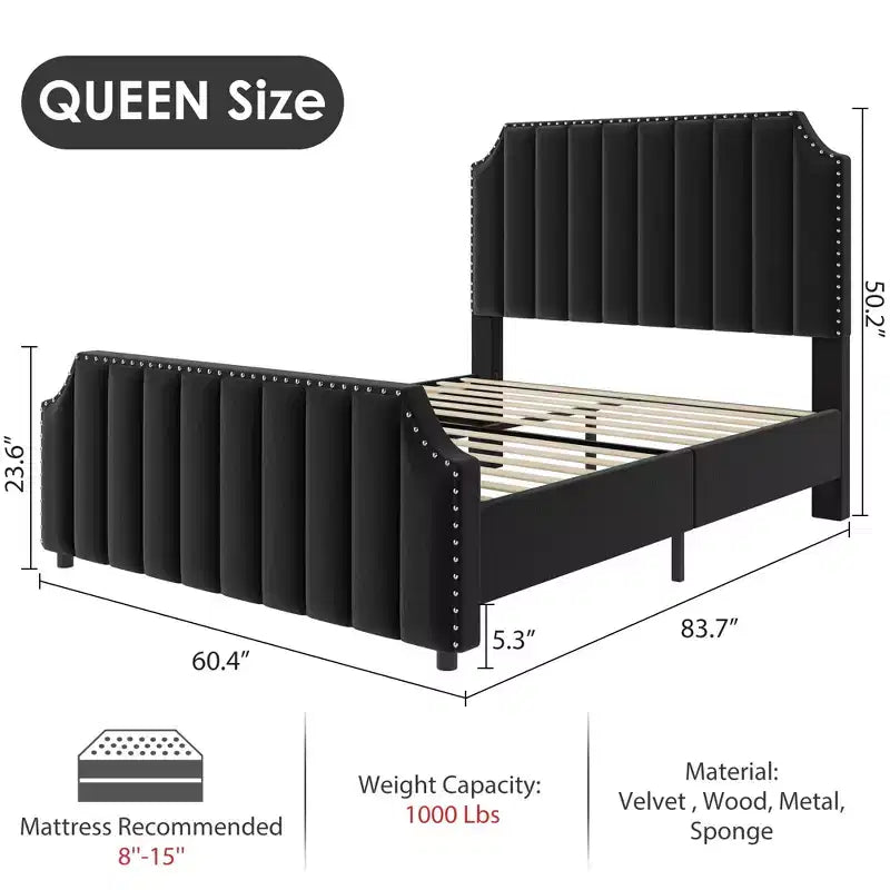 Velvet Bed Frame Vertical Channel Tufted Headboard & Footboard Wooden Slats Support No Box Spring Needed Easy Assembly