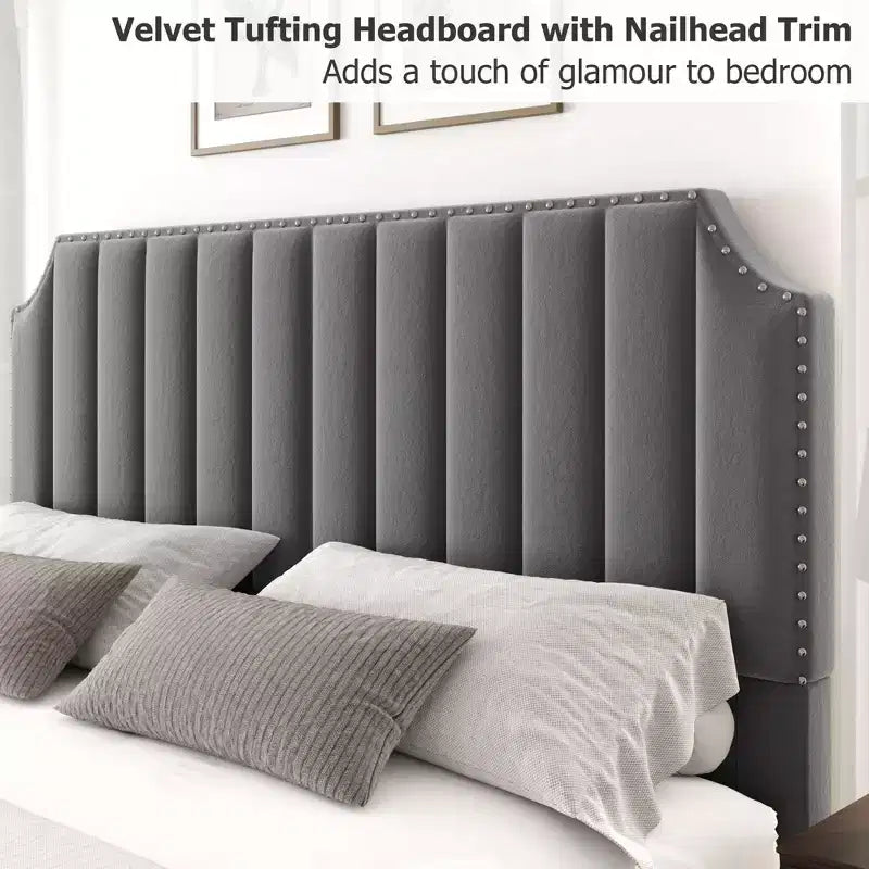 Velvet Bed Frame Vertical Channel Tufted Headboard & Footboard Wooden Slats Support No Box Spring Needed Easy Assembly