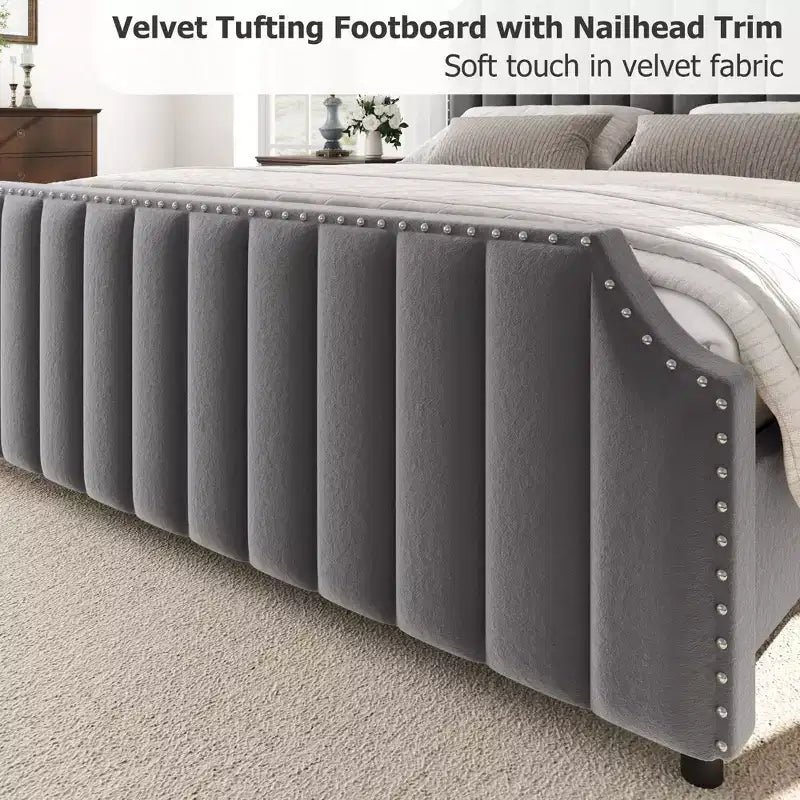 Velvet Bed Frame Vertical Channel Tufted Headboard & Footboard Wooden Slats Support No Box Spring Needed Easy Assembly