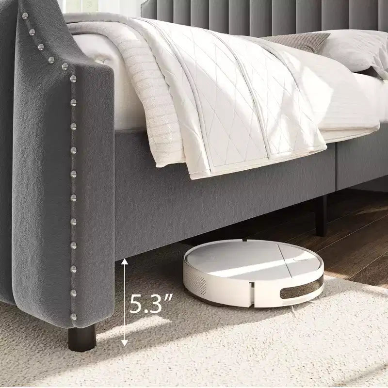 Velvet Bed Frame Vertical Channel Tufted Headboard & Footboard Wooden Slats Support No Box Spring Needed Easy Assembly