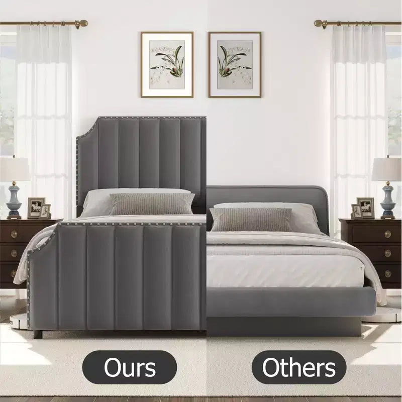 Velvet Bed Frame Vertical Channel Tufted Headboard & Footboard Wooden Slats Support No Box Spring Needed Easy Assembly