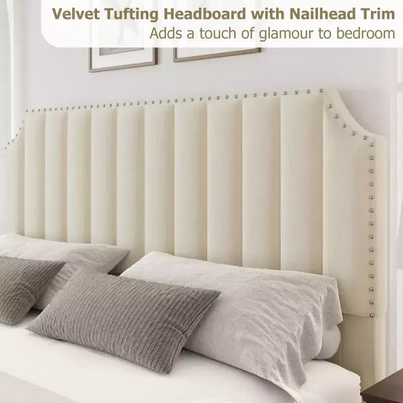 Velvet Bed Frame Vertical Channel Tufted Headboard & Footboard Wooden Slats Support No Box Spring Needed Easy Assembly