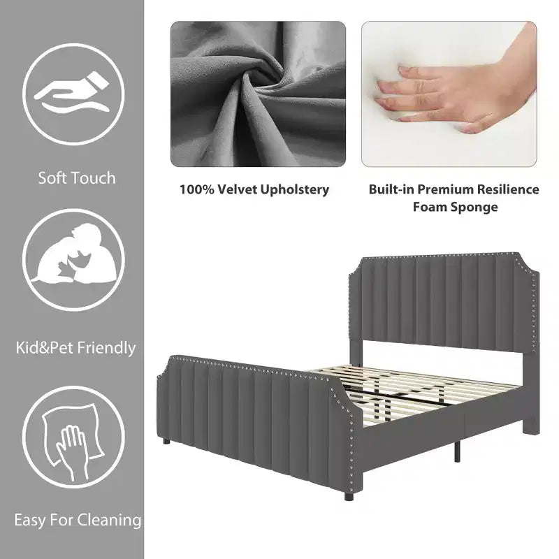 Velvet Bed Frame Vertical Channel Tufted Headboard & Footboard Wooden Slats Support No Box Spring Needed Easy Assembly