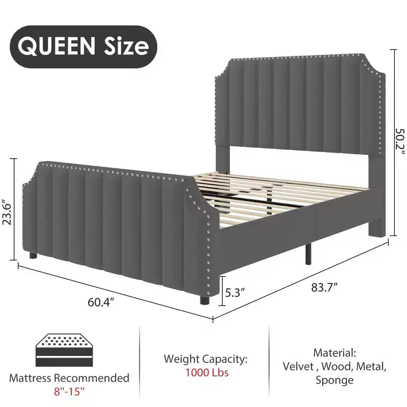 Velvet Bed Frame Vertical Channel Tufted Headboard & Footboard Wooden Slats Support No Box Spring Needed Easy Assembly