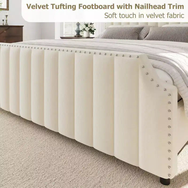 Velvet Bed Frame Vertical Channel Tufted Headboard & Footboard Wooden Slats Support No Box Spring Needed Easy Assembly
