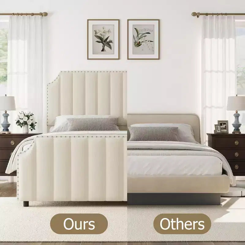 Velvet Bed Frame Vertical Channel Tufted Headboard & Footboard Wooden Slats Support No Box Spring Needed Easy Assembly