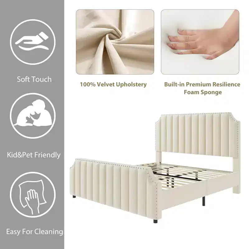 Velvet Bed Frame Vertical Channel Tufted Headboard & Footboard Wooden Slats Support No Box Spring Needed Easy Assembly