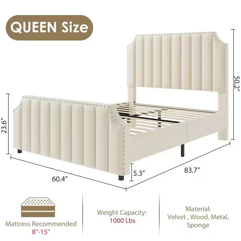 Velvet Bed Frame Vertical Channel Tufted Headboard & Footboard Wooden Slats Support No Box Spring Needed Easy Assembly