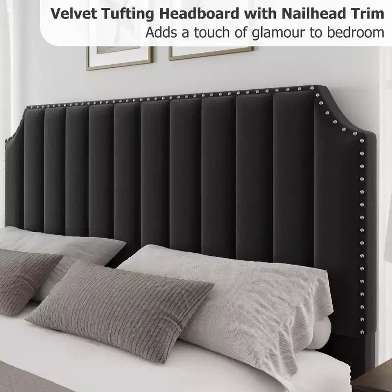 Velvet Bed Frame Vertical Channel Tufted Headboard & Footboard Wooden Slats Support No Box Spring Needed Easy Assembly
