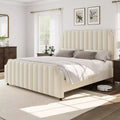 Velvet Bed Frame Vertical Channel Tufted Headboard & Footboard Wooden Slats Support No Box Spring Needed Easy Assembly