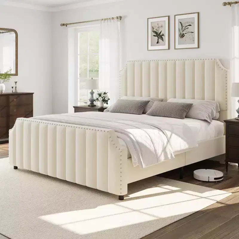 Velvet Bed Frame Vertical Channel Tufted Headboard & Footboard Wooden Slats Support No Box Spring Needed Easy Assembly