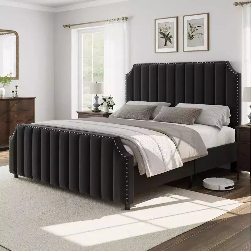 Velvet Bed Frame Vertical Channel Tufted Headboard & Footboard Wooden Slats Support No Box Spring Needed Easy Assembly