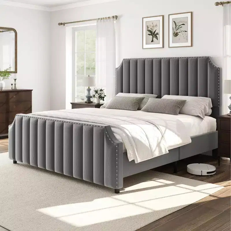Velvet Bed Frame Vertical Channel Tufted Headboard & Footboard Wooden Slats Support No Box Spring Needed Easy Assembly