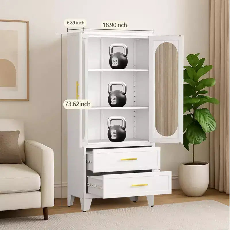 73 Tall Metal Storage Cabinet Kitchen Pantry Cabinet with 2 Glass Doors 2 Drawers 2 Adjustable Shelves White Cupboard Storage Organizer