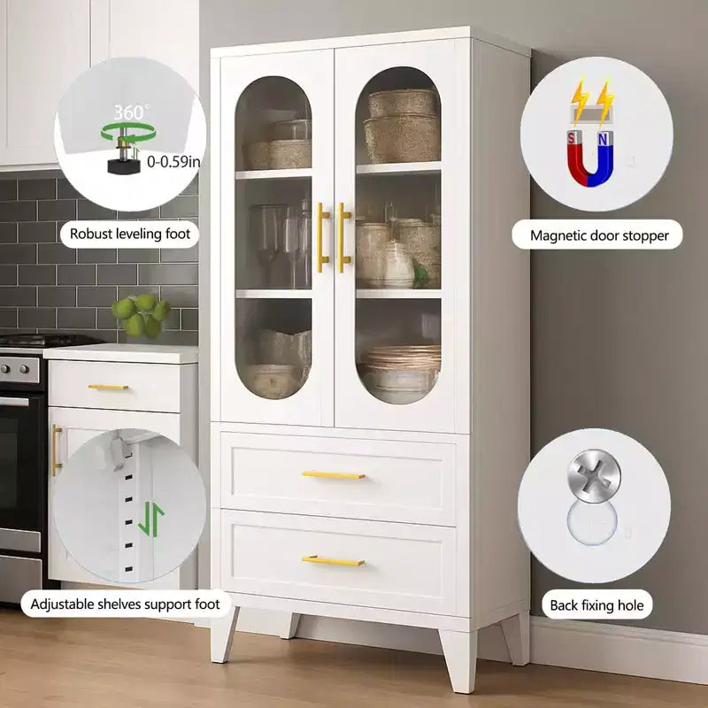 73 Tall Metal Storage Cabinet Kitchen Pantry Cabinet with 2 Glass Doors 2 Drawers 2 Adjustable Shelves White Cupboard Storage Organizer