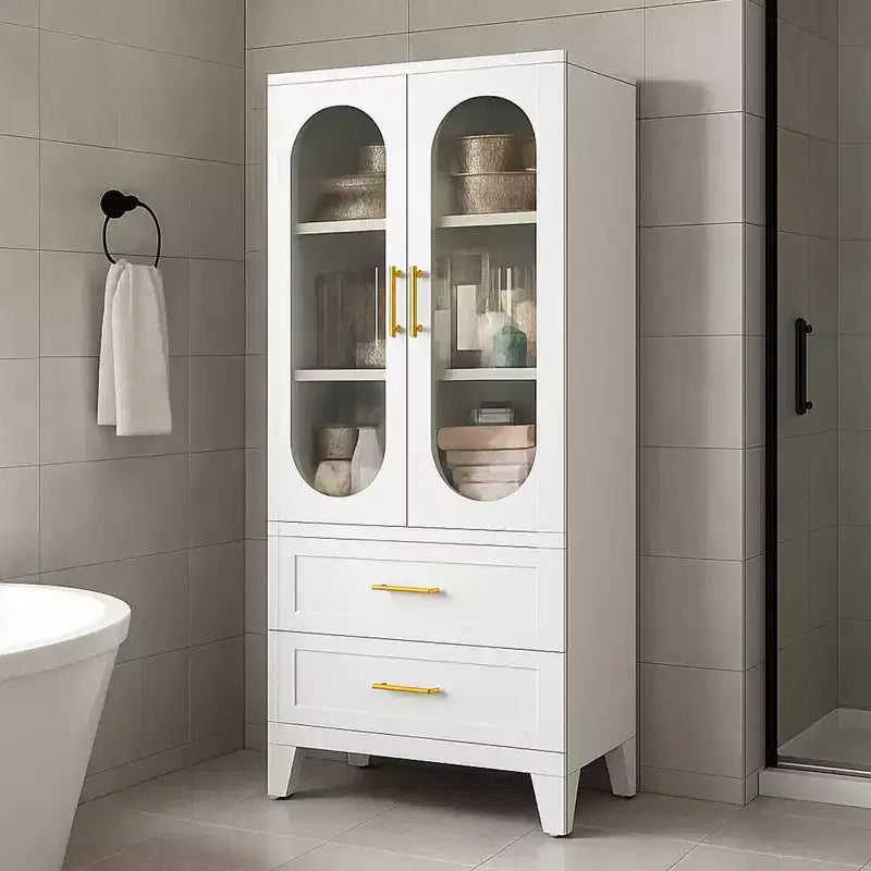 73 Tall Metal Storage Cabinet Kitchen Pantry Cabinet with 2 Glass Doors 2 Drawers 2 Adjustable Shelves White Cupboard Storage Organizer