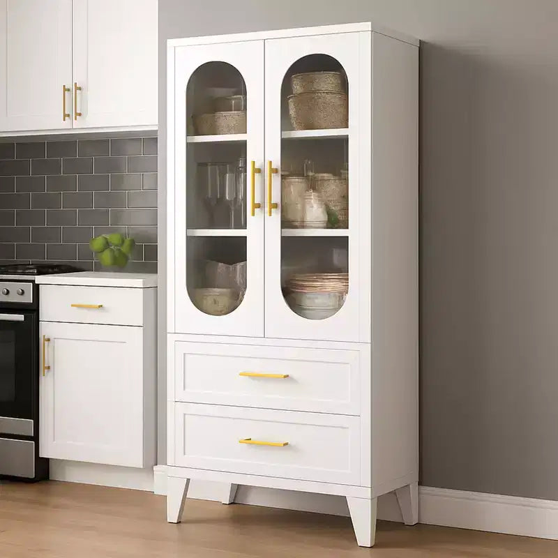 73 Tall Metal Storage Cabinet Kitchen Pantry Cabinet with 2 Glass Doors 2 Drawers 2 Adjustable Shelves White Cupboard Storage Organizer