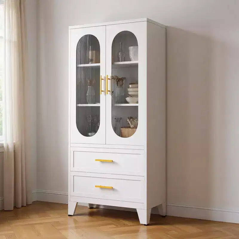 73 Tall Metal Storage Cabinet Kitchen Pantry Cabinet with 2 Glass Doors 2 Drawers 2 Adjustable Shelves White Cupboard Storage Organizer