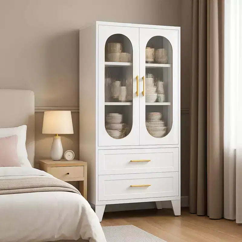 73 Tall Metal Storage Cabinet Kitchen Pantry Cabinet with 2 Glass Doors 2 Drawers 2 Adjustable Shelves White Cupboard Storage Organizer