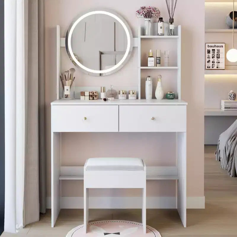 Vanity Desk with Mirror and Lights Cushioned Stool SetThree Color Touch Switch ModeMulti-Layer Large-Capacity StorageSuitable for Small Spaces