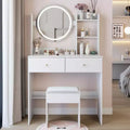 Vanity Desk with Mirror and Lights Cushioned Stool SetThree Color Touch Switch ModeMulti-Layer Large-Capacity StorageSuitable for Small Spaces