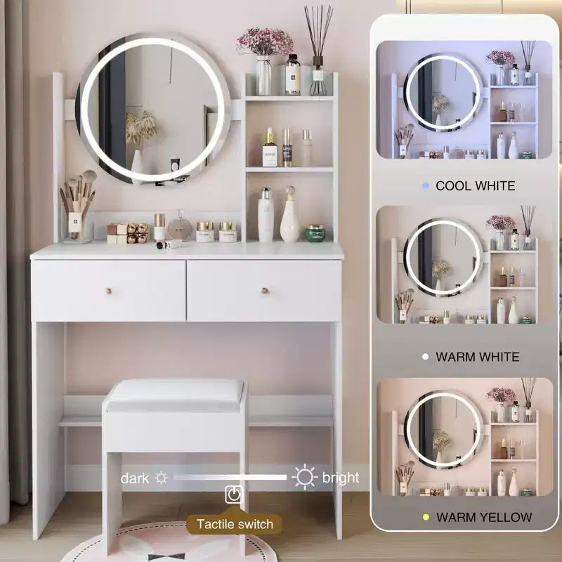 Vanity Desk with Mirror and Lights Cushioned Stool SetThree Color Touch Switch ModeMulti-Layer Large-Capacity StorageSuitable for Small Spaces