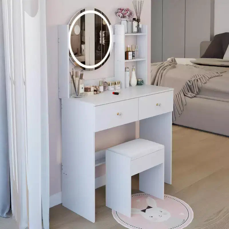Vanity Desk with Mirror and Lights Cushioned Stool SetThree Color Touch Switch ModeMulti-Layer Large-Capacity StorageSuitable for Small Spaces