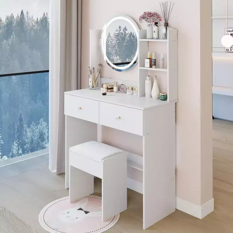 Vanity Desk with Mirror and Lights Cushioned Stool SetThree Color Touch Switch ModeMulti-Layer Large-Capacity StorageSuitable for Small Spaces