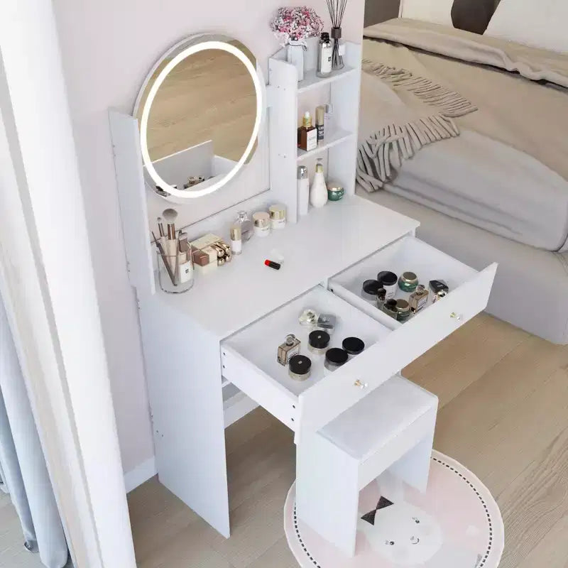 Vanity Desk with Mirror and Lights Cushioned Stool SetThree Color Touch Switch ModeMulti-Layer Large-Capacity StorageSuitable for Small Spaces