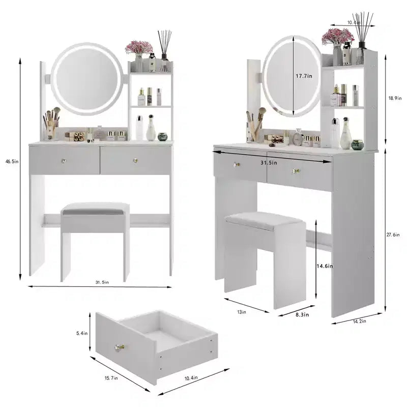 Vanity Desk with Mirror and Lights Cushioned Stool SetThree Color Touch Switch ModeMulti-Layer Large-Capacity StorageSuitable for Small Spaces