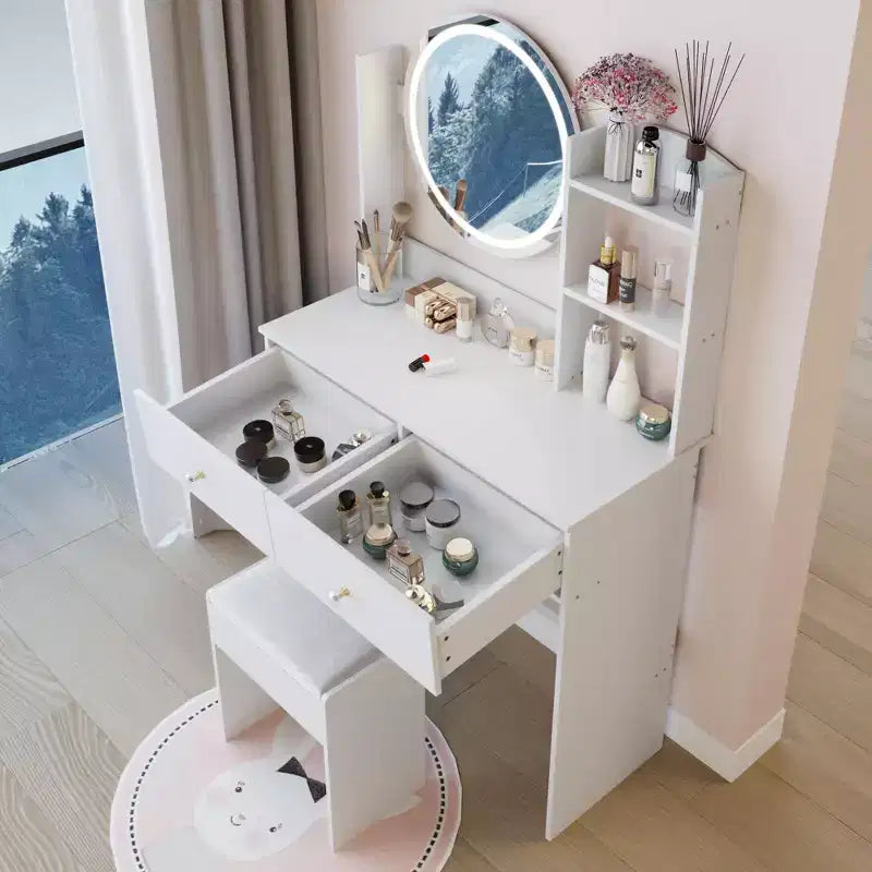 Vanity Desk with Mirror and Lights Cushioned Stool SetThree Color Touch Switch ModeMulti-Layer Large-Capacity StorageSuitable for Small Spaces