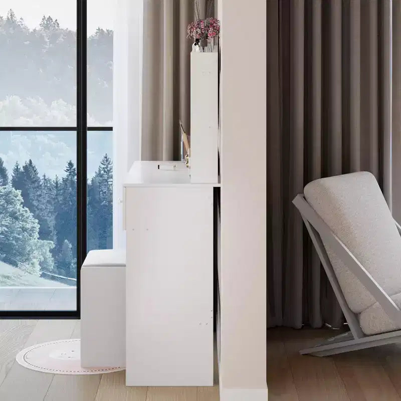 Vanity Desk with Mirror and Lights Cushioned Stool SetThree Color Touch Switch ModeMulti-Layer Large-Capacity StorageSuitable for Small Spaces