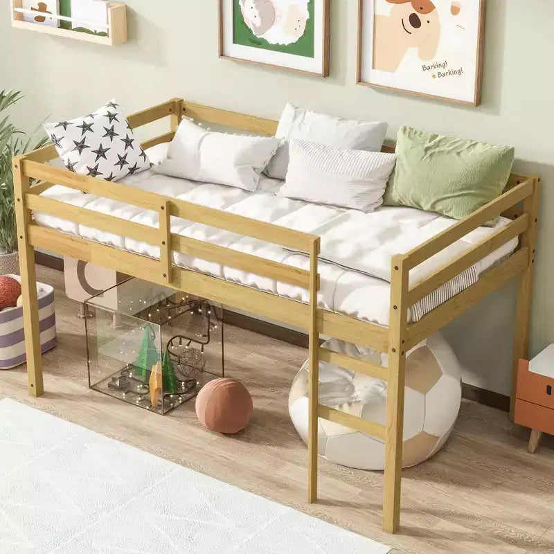 MAYEERTY Twin Loft Bed Solid Rubber Wooden with Ladder Bed Platform of Strengthened Slats for Living Room Beige