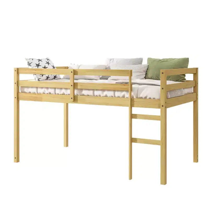 MAYEERTY Twin Loft Bed Solid Rubber Wooden with Ladder Bed Platform of Strengthened Slats for Living Room Beige