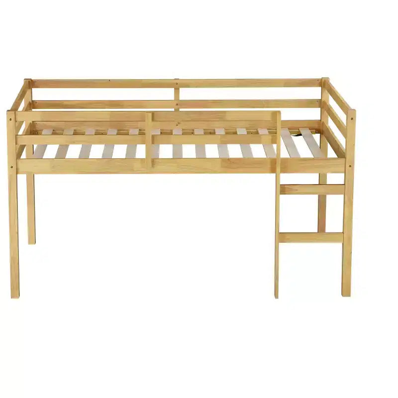 MAYEERTY Twin Loft Bed Solid Rubber Wooden with Ladder Bed Platform of Strengthened Slats for Living Room Beige