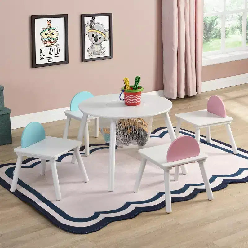 Whisen Kids Table and Chair Set High-Quality Wood Hidden Storage Mesh Bag Multi-Functional for Indoor/Outdoor Use - White