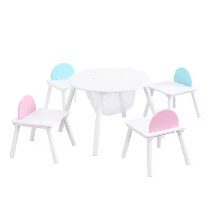 Whisen Kids Table and Chair Set High-Quality Wood Hidden Storage Mesh Bag Multi-Functional for Indoor/Outdoor Use - White