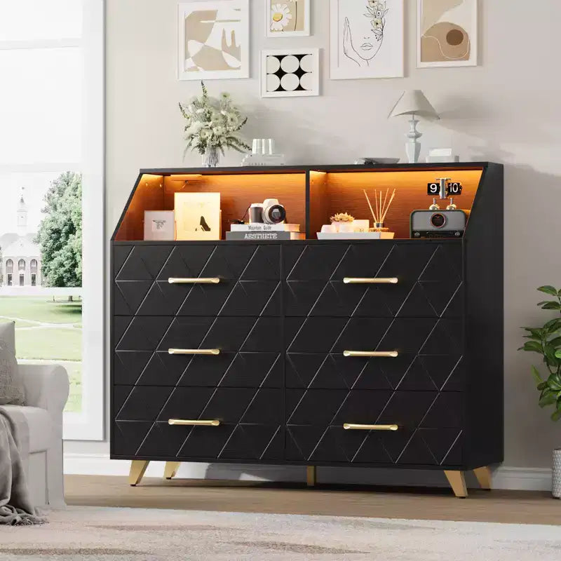 Black Chest of Drawer with Led Light Strip Modern 6 Drawer Dresser Charging Station Open Shelf Large Wooden Dresser Cabinet for Bedroom Living Room