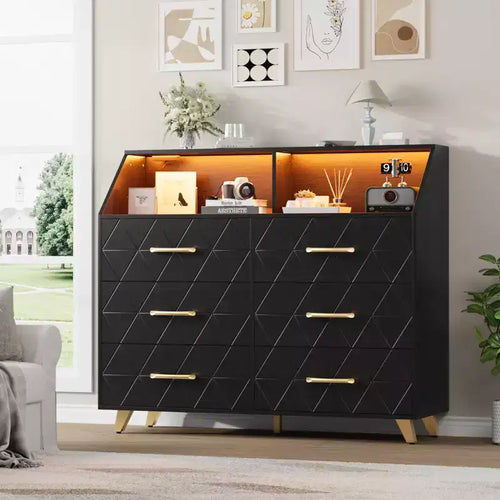 Black Chest of Drawer with Led Light Strip Modern 6 Drawer Dresser Charging Station Open Shelf Large Wooden Dresser Cabinet for Bedroom Living Room
