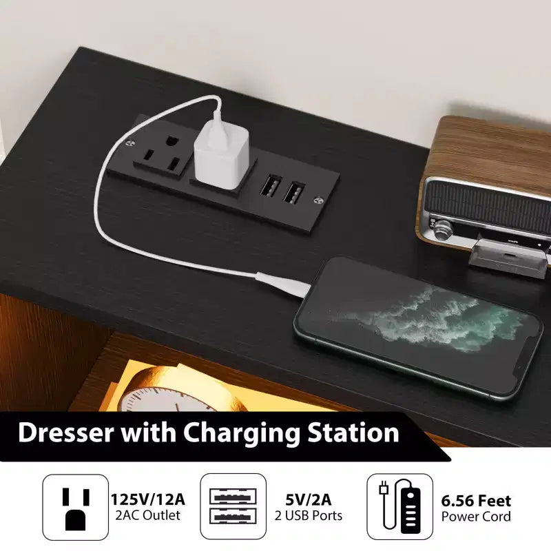 Black Chest of Drawer with Led Light Strip Modern 6 Drawer Dresser Charging Station Open Shelf Large Wooden Dresser Cabinet for Bedroom Living Room