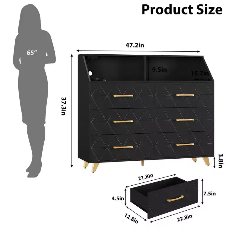Black Chest of Drawer with Led Light Strip Modern 6 Drawer Dresser Charging Station Open Shelf Large Wooden Dresser Cabinet for Bedroom Living Room