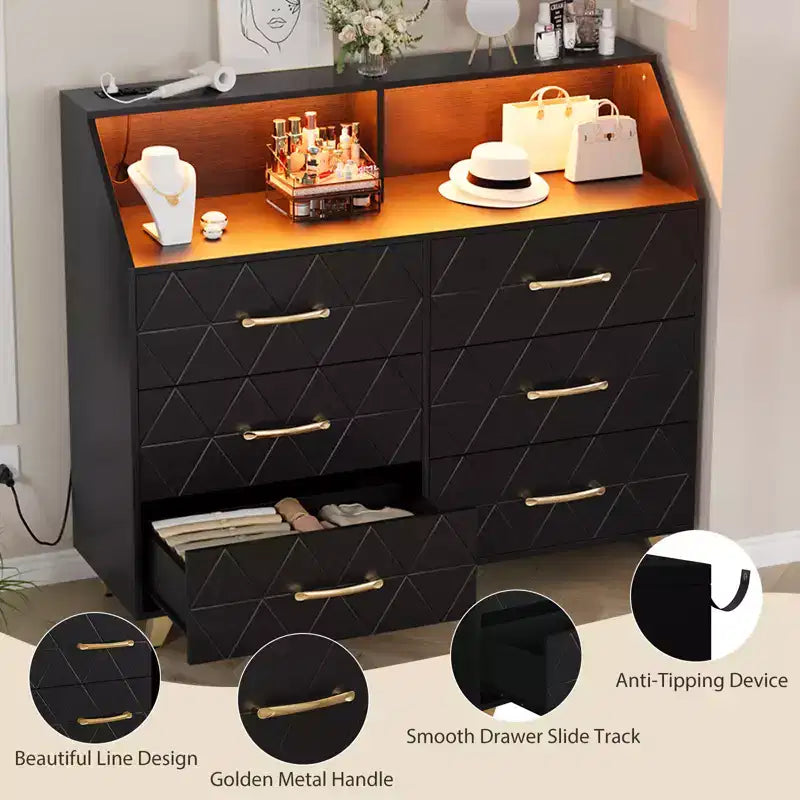 Black Chest of Drawer with Led Light Strip Modern 6 Drawer Dresser Charging Station Open Shelf Large Wooden Dresser Cabinet for Bedroom Living Room