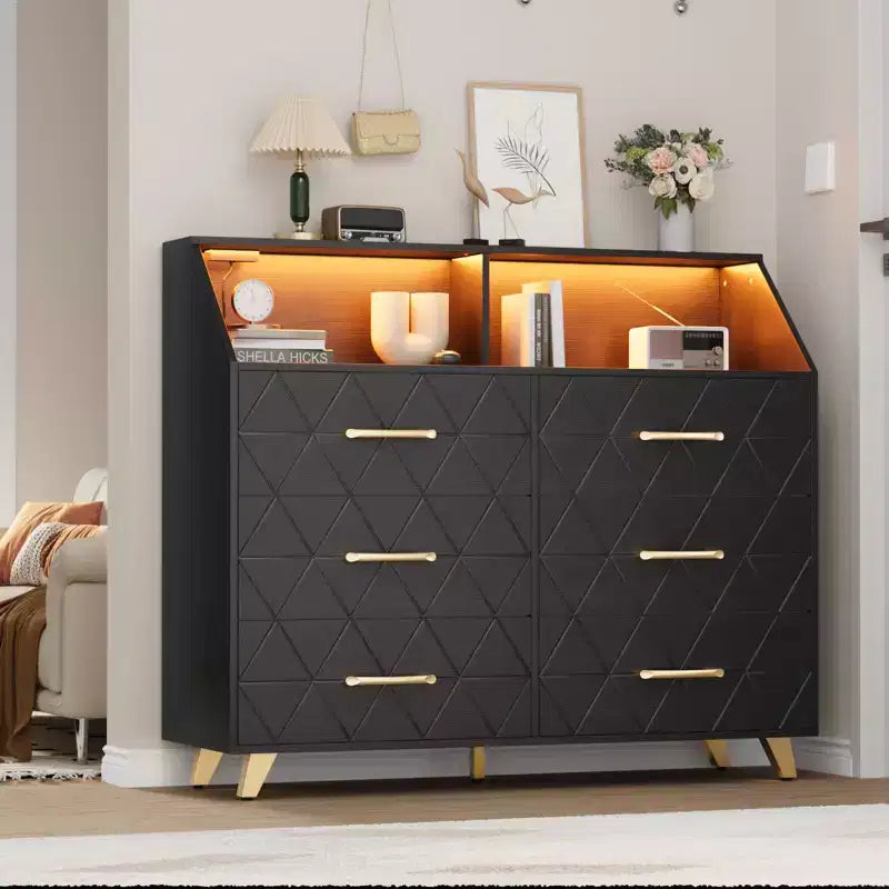 Black Chest of Drawer with Led Light Strip Modern 6 Drawer Dresser Charging Station Open Shelf Large Wooden Dresser Cabinet for Bedroom Living Room